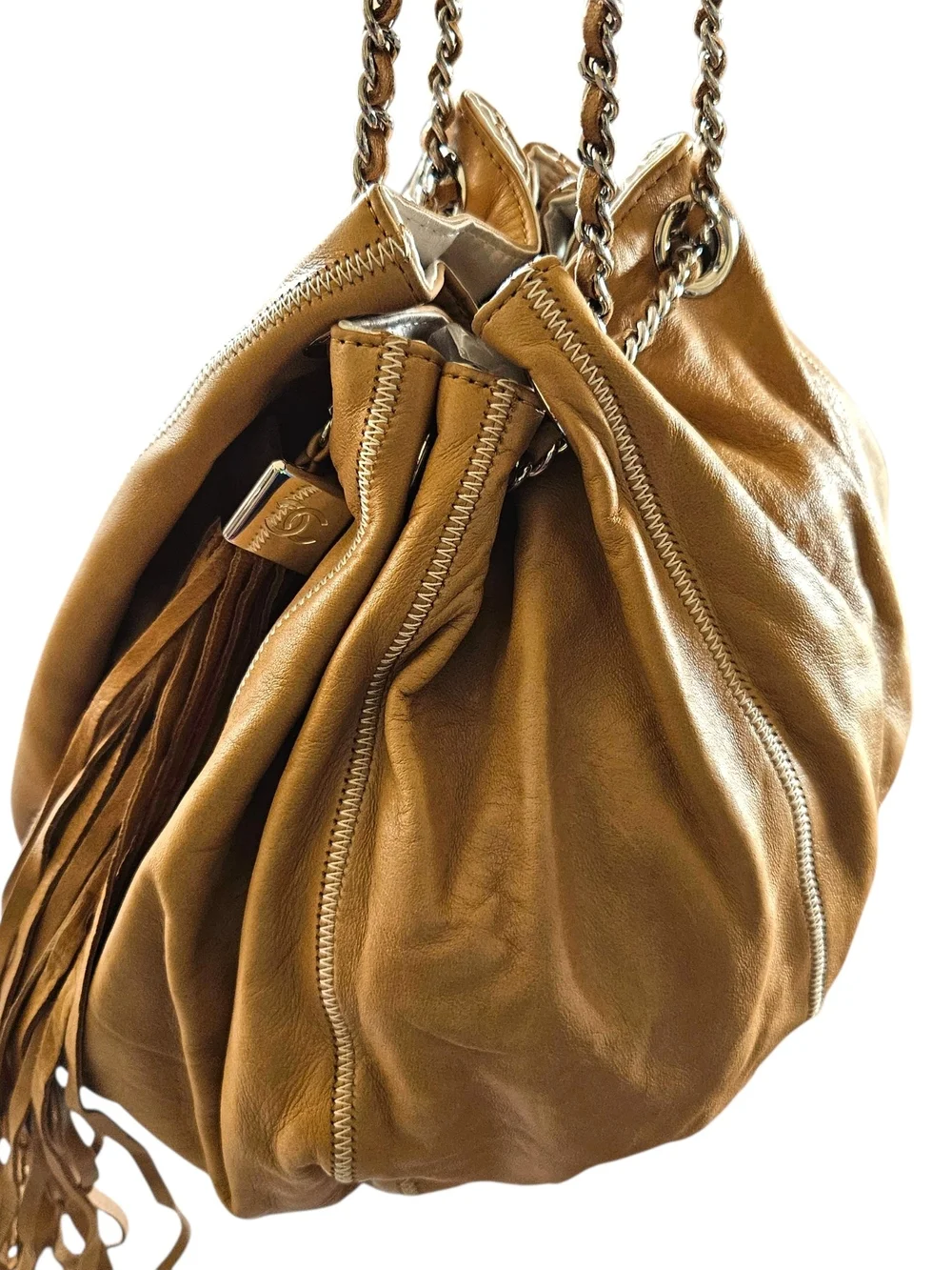 Chanel Reversible Sac Cordon Tan Leather Fringe Drawstring Chain Shoulder Bag